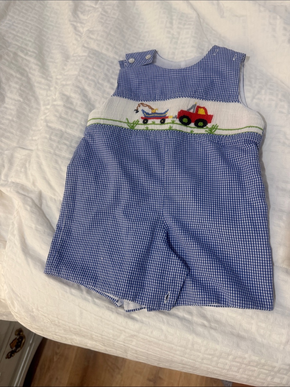 Blue Gingham Smocked Tractor One-Piece Bodysuit for Kids